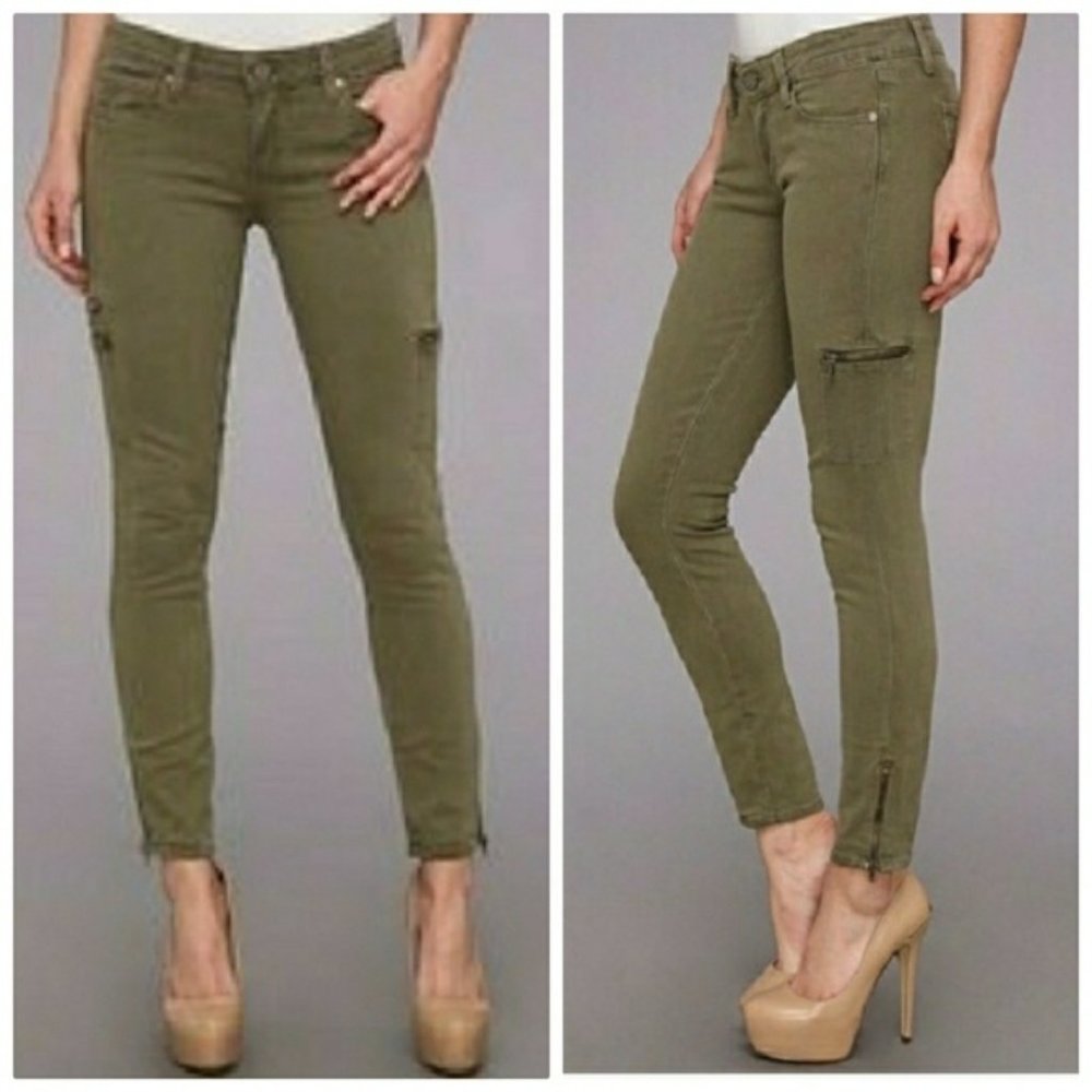 PAIGE Green Ankle Moto Zipper Skinny Jeans